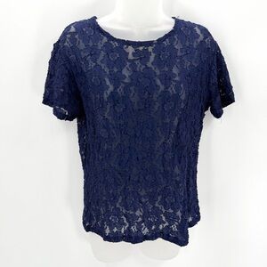 VTG Victoria’s Secret Lace Top Womens L Blue Sheer Nylon Short Sleeve -read